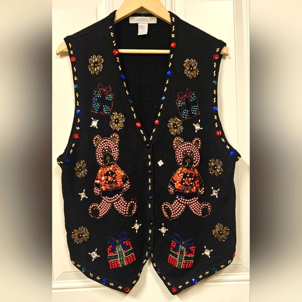 VTG 90s Embellished Beaded Teddy Bear Christmas Holiday Ugly Sweater Vest sizeXL